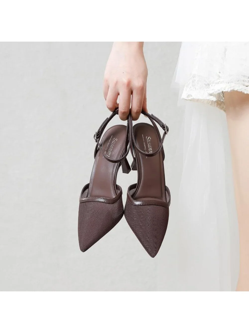 Women's Chocolate Mesh Elegant Closed Pointed Toe Strappy Stiletto Pumps Shoes